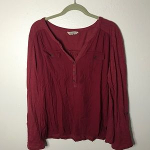 Lucky brand red long sleeve shirt v neck, front pockets, button front